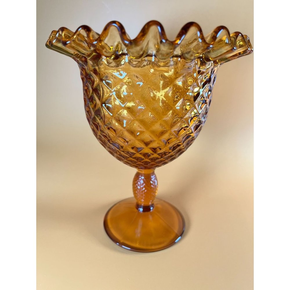 Honey Amber Candy Dish/Vessel on Pedestal w/ Ruffled Lip Edge